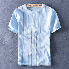 Camiseta masculina de linho e algodão, camiseta azul de marca estilo itália, camisa casual com gola redonda 2024 - compre barato