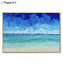 Pintura abstracta de paisaje de olas de mar sobre lienzo, pintada a mano, cuchillo de paisaje marino de cielo azul moderno, pintura al óleo para decoración de pared, imagen 2024 - compra barato