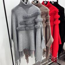 Autumn And Winter Women High Collar Real Rabbit Fur Cloak Pullover  LADY fashion Bat Sleeves Tassel Poncho Sweater Knitwear 2024 - buy cheap