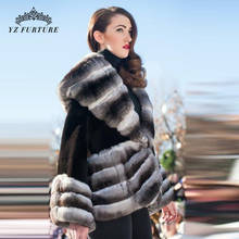 Casaco feminino de pele de coelho, jaqueta curta com gola grande, casaco quente de pele natural 2024 - compre barato