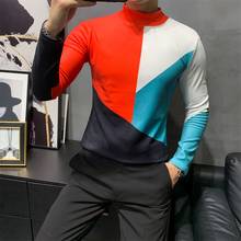 Модная цветная футболка в стиле пэчворк, Мужская водолазка, осенняя мужская повседневная футболка с длинным рукавом, подходящая ко всему модель 2024 - купить недорого