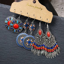 Ethnic Corful Flower Drop Earrings Set Fashion Summer Red Stone Tassel Earrings For Women Boho Earrings 2024 - buy cheap