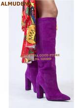 ALMUDENA Women Exquistie Purple Suede Chunky Heel Knee High Boots Concise Tall Boots Gladiator Dress Shoes For Fall Winter 2024 - buy cheap