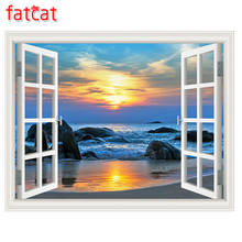 FATCAT 5D DIY Алмазная картина окно морское побережье, Закат синий океан пейзаж полная Дрель Стразы мозаика Алмазная вышивка AE313 2024 - купить недорого