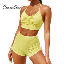 Summer Activewear Two Piece Sets Women Drawstring Ruched Halter Crop Top Biker Shorts Solid Casual Lounge Womens Matching Sets 2024 - buy cheap