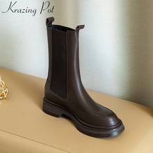 Krazing pot fashion cow leather round toe motorcycle boots platform slip on winter shoes superstar elegant mid-calf boots L94 2024 - buy cheap