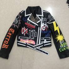 3D Graffiti soft pu leather jackets female cartoon Leather Jacket rivet beading Punk Rock Cropped leather Outerwear F2211 2024 - buy cheap