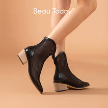 Beautoday ankle boots feminino couro de vaca sandálias de verão malha apontou toe hallow voltar zíper sapatos salto alto senhoras sapatos 07116 2024 - compre barato