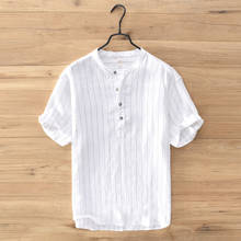 Мужская льняная рубашка в полоску с воротником мандарин, летняя дышащая льняная рубашка с коротким рукавом, Camisas Para Hombre TS-661 2024 - купить недорого