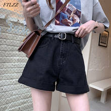FTLZZ-pantalones cortos de mezclilla para mujer, Shorts femeninos de cintura alta con cinturón, informales, de Color sólido, de pierna ancha, holgados, Color azul 2024 - compra barato