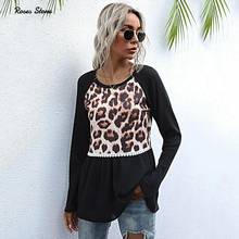 Camiseta feminina manga comprida estampa de leopardo, gola redonda e renda, cor preta, estética, roupa para mulheres, moletom 2024 - compre barato