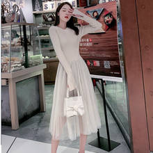 Retro Autumn Winter Sweater Dress Round Neck Long Sleeve Tulle Patchwork Knitted Dress A-line Slim Long Sweater Dress P-322 2024 - buy cheap