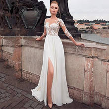Beach Chiffon Wedding Dresses 2022 3/4 Long Sleeves Lace Appliques Bridal Dress Sexy High Split Simple Boho Wedding Party Gown 2024 - buy cheap