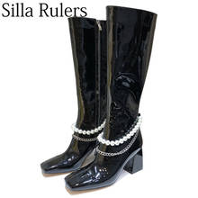 2019 Runway Chain Over The Knee High Boots Woman Square Toe Genuine Leather Long Boots Woman Chunky Heels Knight Boots Woman 2024 - buy cheap