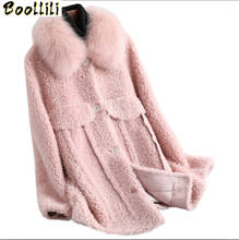 Boollili real casaco de pele feminino ovelha shearling coreano jaqueta inverno casaco feminino gola de pele de raposa 100% lã casacos manteau femme 2024 - compre barato