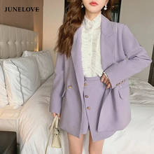 JuneLove Women Purple Blazer Jacket Casual Work Suit Vintage Office Lady Fashion Pockets Long Sleeve Suit Blazers +Shorts Female 2024 - buy cheap