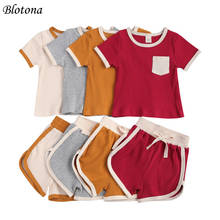 Blotona Kids Baby Summer 2Pcs Outfit Block Color Ribbed Short Sleeve Pocket Top+Shorts Set for Boys Girls 6Months-4Years 2024 - buy cheap