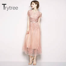 Trytree 2020 Summer Woman Casual Dress O-neck Patchwork Mesh Embroidery A-line Lace Fashion Elegant Pink Mid-Calf Dress 2024 - buy cheap