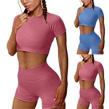 Conjunto de legging esportivo com 2 peças, camiseta e top curto com cintura alta para corrida, roupa fitness 2024 - compre barato