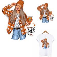 Happy Coffe Girl-adhesivo térmico para ropa DIY para mujer, camiseta con transferencia de calor, chaqueta, parche para planchar, apliques de decoración para mujer 2024 - compra barato