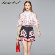 Runway Designer Summer Shorts Set Women Off Shoulder Ruffles Pink Flower Print Shirt Top + Wide Leg Shorts Female Two Piece Set 2024 - buy cheap