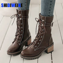 Casual Round Head mid-calf Boots Lace-up Rivet Platform Black Green Yellow Brown High Heels Thick Riding Boots Women's Shoes 2024 - buy cheap