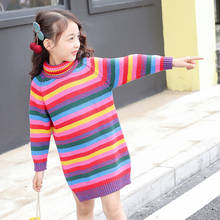 Цветные длинные свитера в полоску; вязаные платья для больших девочек; одежда для детей; Новинка 2019 года; зимние вязаные топы из флиса; пуловеры для девочек 2024 - купить недорого