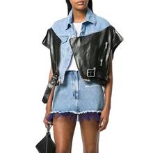 Denim stitching    2018 autumn   temperament wild lapel leather sleeveless slimming zipper  female jacket top 2024 - buy cheap