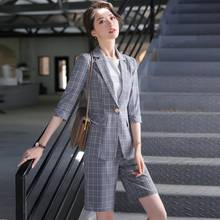 Fashion Grey Plaid Blazer Women Business Suits Shorts and Jackets Sets Ladies Work Wear Uniforms Half Sleeve 2024 - buy cheap