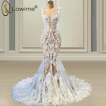 Dubai Luxury Feathers Ivory Mermaid Evening Dresses 2021 Sexy Illusion Lace Wedding Party Gowns Abendkleider Robe Longue 2024 - buy cheap