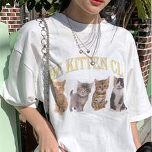 Kuacuayu hjn the kitten club camisetas femininas fofas de algodão, estampadas estilo de rua brancas, manga curta vintage, camisetas gráficas de algodão 2024 - compre barato