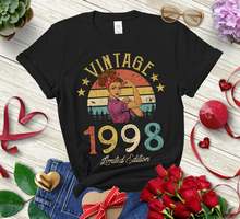 Camiseta para mulheres, edição limitada 1998, vintage, retrô, engraçada, 23rd presente de aniversário, algodão, gola redonda, moderna, casual, manga curta, tops femininos 2024 - compre barato