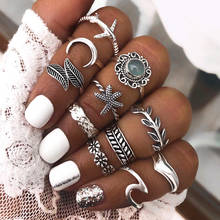 Conjunto de anéis geométricos femininos, conjunto vintage boho anéis de dedo flor folha articulação midi anéis acessórios joias 2024 - compre barato