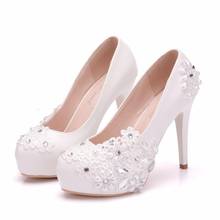 2021spring new white lace flower pearl wedding shoes stiletto banquet dress single shoes large size bride bridesmaid shoes women 2024 - buy cheap