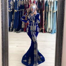 Velour Moroccan Caftan Arabia Evening Dress Royal Blue V Neck Appliques Long Sleeves Algerian Dubai Mermaid Prom Formal Dress 2024 - buy cheap