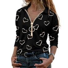 Blusa informal con cremallera para mujer, Camisa de algodón con estampado de corazón y cuello en V, sudadera de manga larga, ropa de mujer 2024 - compra barato