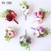 YO CHO Groom Boutonniere Bridal Wrist Corsage Drop Shipping Silk Rose Wedding Flower Burgundy Prom Party Meeting Wedding Decor 2024 - buy cheap