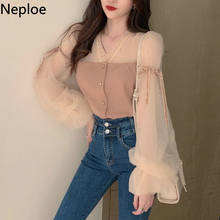 Neploe Retro Lace Patch Knit Blouse Women V Neck Puff Long Sleeve Pullover Blusas Autumn Spring Slim Button Design Shirt 48000 2024 - buy cheap