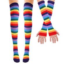 Meias coloridas arco-íris com listras, meias altura da coxa aquecedora para os braços, para festas de halloween e presente de feriado 2024 - compre barato