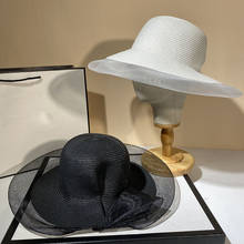 Sombrero de paja de papel de ala ancha para mujer, malla de encaje elegante, hecho a mano, sombrero de sol de playa, iglesia, boda, Verano 2024 - compra barato