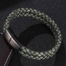 Nova dupla camada retro verde trançado pulseira de couro masculino moda jóias de aço inoxidável fecho magnético pulseira de pulso masculino 2024 - compre barato