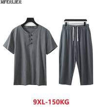 Summer plus size 7XL 8XL 9XL Men Short Sleeve T-shirt and pants set tees linen Chinese style oversize vintage tshirt khaki 68 70 2024 - buy cheap
