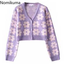 Nomikuma Purple Floral Short V-neck Knitted Cardigan Causal Long Sleeve Crop Top Sweater Coat 2020 Autumn Korean Knitwear 6D053 2024 - buy cheap