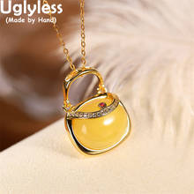 Uglyless China Chic FU Bag Natural Jade Amber Pendants for Women Enamel 925 Silver Necklaces 925 Silver Retro Jewelry NO Chains 2024 - buy cheap