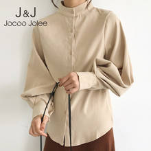 Jocoo jolee blusa feminina estilo vintage, camisa solta com manga longa e gola redonda 2024 - compre barato