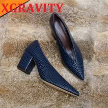 XGRAVITY C336 New Stone Grain Genuine Leather Women Chunky High Heel Pumps Sexy Branded Famous Ladies Footwear Lady Shoes New 2024 - buy cheap