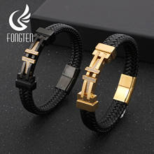 Fongten Punk Men Jewelry Black Braided Leather Charm Bracelet Stainless Steel Magnetic Clasp Fashion Bangles 2024 - buy cheap