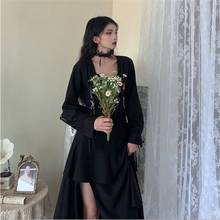 Outono vestido feminino novo preto meados de comprimento manga longa vestidos mulher vestido de mujer femme robe 2024 - compre barato