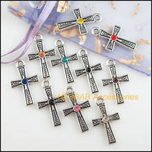 10 novas pingentes de cristal misturados retro 16x mm, amuletos de cruz com tom de prata tibetano 2024 - compre barato