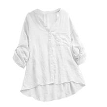 Blusa informal de algodón para mujer, camisa de manga larga con cuello en V y bolsillo, Color liso, 2021 2024 - compra barato